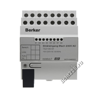 75218001Berker бинарный вход, 8-канальный, 230 В ~, REG цвет: светло-серый instabus KNX/EIB (арт. B75218001)