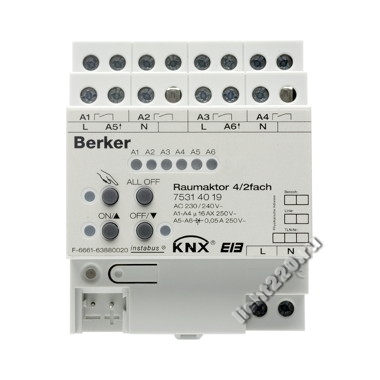 75314019Berker исполнительное устройство универсальное комнатный актуатор 4/2 канальное 16А, REG цвет: светло-серый instabus KNX/EIB (арт. B75314019)