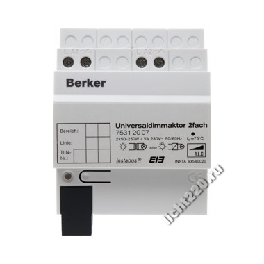 75312007Berker instabus KNX/EIB исполнительное устройство универсального диммера, 2-канальное, 300 Вт/ВA REG  цвет: светло-серый (арт. B75312007)