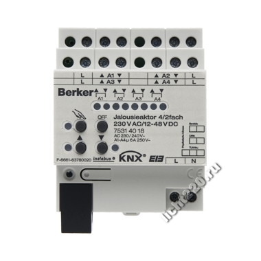 75314018Berker исполнительное устройство управления жалюзи, 4-канальное, 230 В АС / 2-канальное 12-48 В DC цвет: светло-серый instabus KNX/EIB (арт. B75314018)