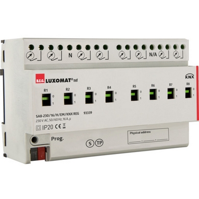 BEG 93339 SA8 - 230 / 16 / H / EM / KNX REG Релейный актуатор KNX, функция измерения тока, 8-канальный, монтаж, на DIN рейку 8TE / IP20 / белый